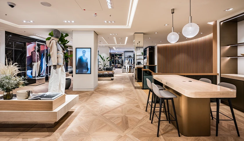 The inside of a Hugo Boss store with a counter and a manequin (photo)