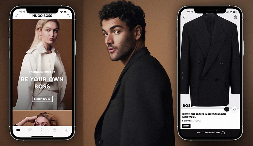 A male model posing before a sand-colored background; two mock-ups of smartphones showing the Hugo Boss app (photo)